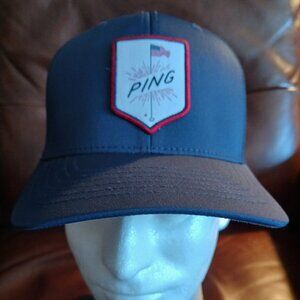 PING Hat Cap Adjustable Blue Golf Flexfit 110 USA Flag Men's NWT